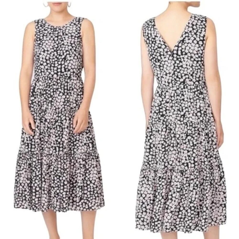J.Crew Poppy Garden Ditsy Floral Midi Dress S | Black Pink Tiered A-Line Summer